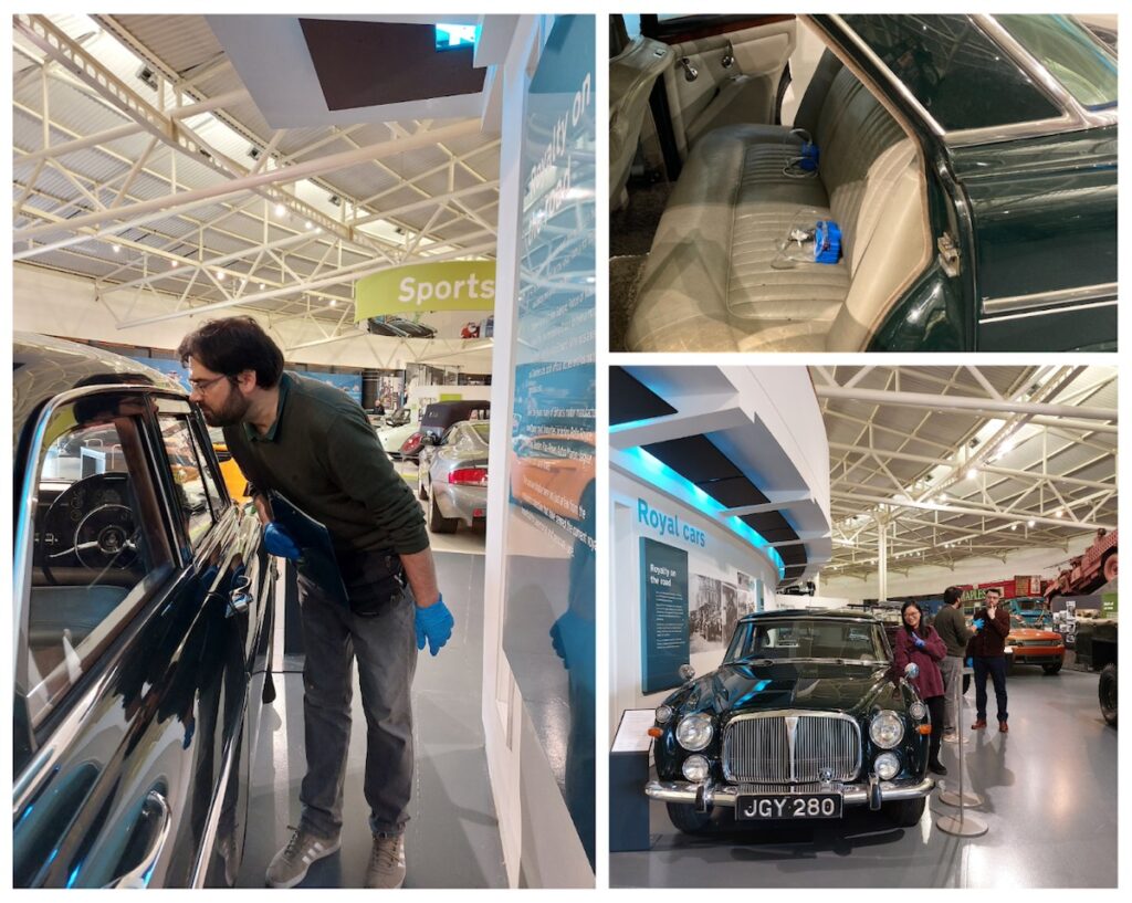 Odeuropa researchers assessing the smell of the car interior at the British Motor Museum.